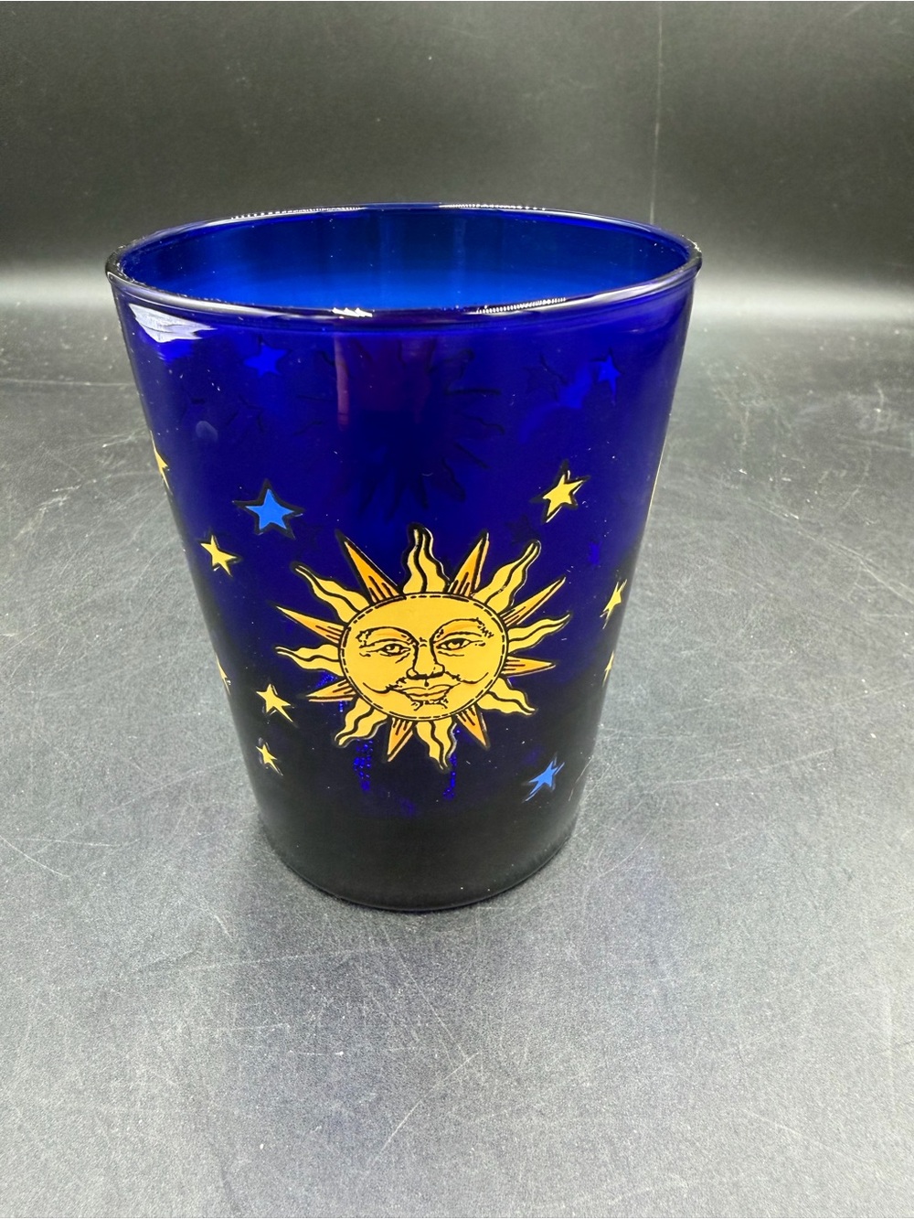 VTG Libbey Cobalt Blue Celestial Sun Moon Stars Glass Cup Tumbler Made In USA